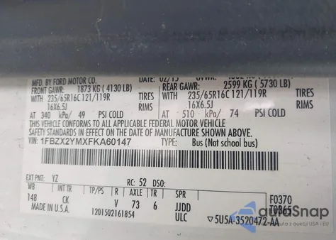 2015 Ford Transit-350 Xlt из США, поврежденный, VIN 1FBZX2YMXFKA60147